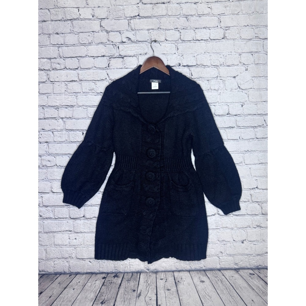 Pixie Black Knit Cardigan Sweater Jacket Womens M Balloon Sleeve Button Front‎
